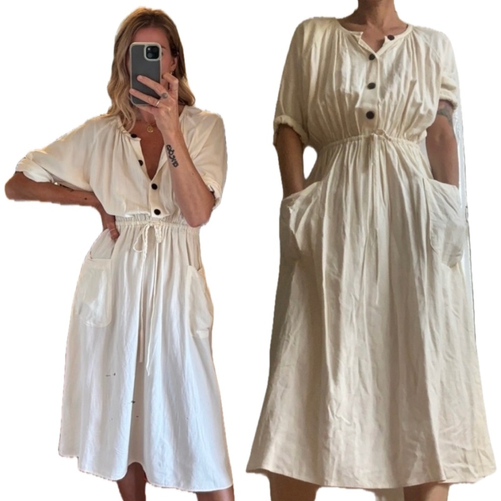 Zara Ecru Off White Cream Button Up Down Drawstring Pocket Linen Midi Dress